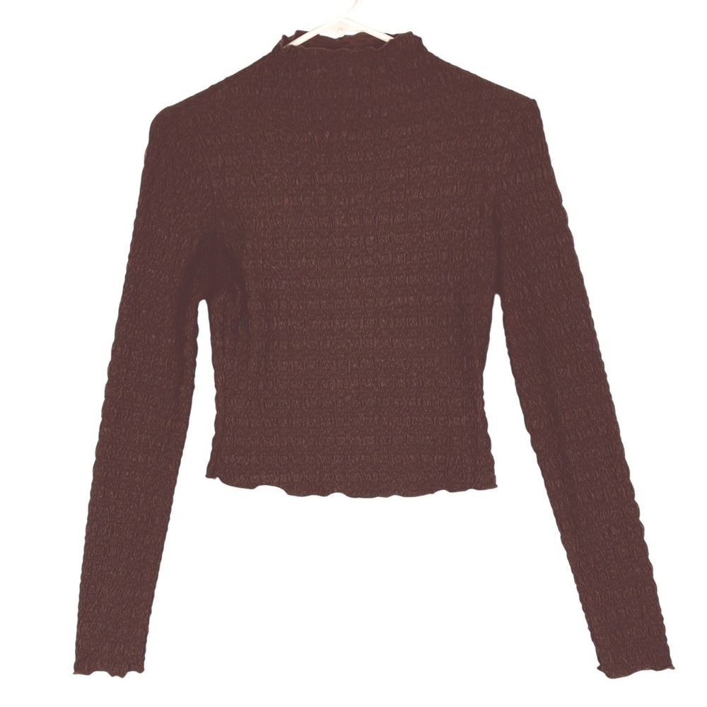 Miou Muse Brown Smocked Popcorn Mock Neck Long Sleeve Top Small T3085
